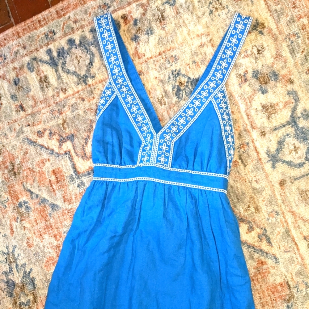 J Crew Factory Ladies blue and white dress with cross back detail